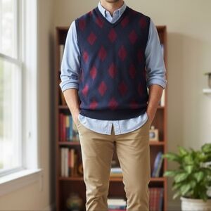 Chaps Men's V-Neck Sweater Vest - Black and Red Diamond Pattern